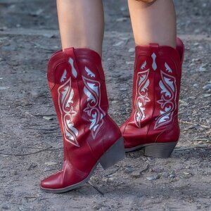 Brand New Women's Red Synthetic Embroidered Stitched Chunky Heel Western Booties